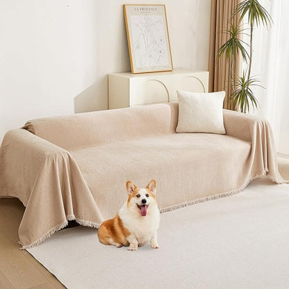 MYSKY HOME Khaki Sectional Sofa Covers Chenille Couch Cover for Dogs Solid Sofa Cover for 3 Cushion Couch Washable Couch Covers with Tassel Edge L Shape Sofa Throw Large Sofa Slipcover, 71" X134"