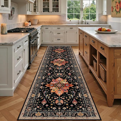 Area Rugs 3'x9' Runner Rug Non Slip Washable for Kitchen Hallway Bedroom Beside Laundry Room Bathroom Rug, Floor Carpet, Black Colorful Floral Dark Tan