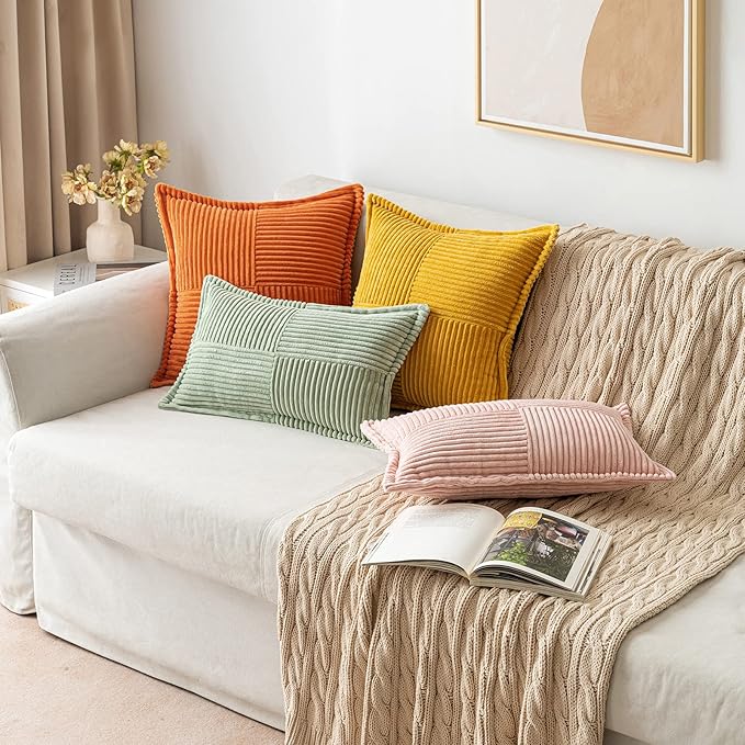 MIULEE Decorative Throw Pillow Covers for Couch Bed Livingroom 18x18 Inch Set of 2 Fall Mustard Yellow Boho Accent Throw Pllows Broadside Striped Patchwork Soft Corduroy Pillowcases