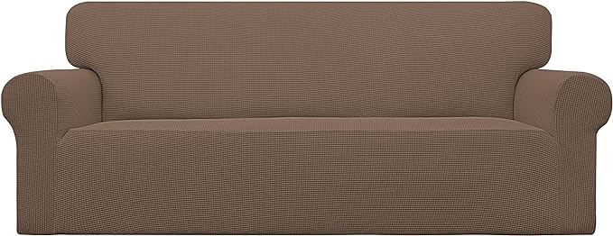 Easy-Going Stretch Oversized Sofa Slipcover 1-Piece Sofa Cover Furniture Protector Couch Soft with Elastic Bottom for Kids, Polyester Spandex Jacquard Fabric Small Checks Brown