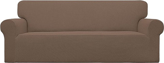 Easy-Going Stretch Oversized Sofa Slipcover 1-Piece Sofa Cover Furniture Protector Couch Soft with Elastic Bottom for Kids, Polyester Spandex Jacquard Fabric Small Checks Brown