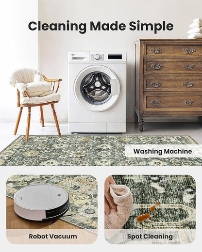 AMADA HOMEFURNISHING 9x12 Washable Area Rug, Low-Profile Large Area Rug with Non-Slip Backing & Durable Edge Binding, Vintage Large Rugs for Living Room, Bedroom & Dining Room