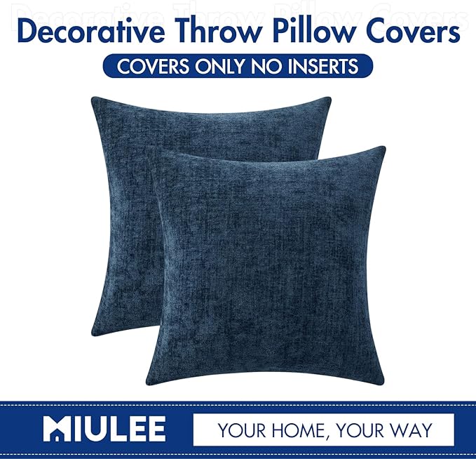 MIULEE Pack of 2 Blue Throw Pillow Covers 20x20 Inch Soft Chenille Pillow Covers for Sofa Living Room Couch Solid Dyed Cases