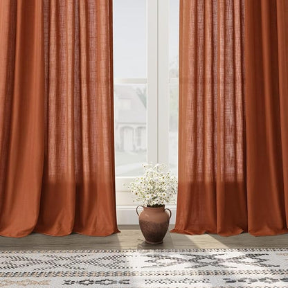 Nanspring Extra Wide Linen Curtains for Living Room 90 Inches Long Terracotta Light Filtering Semi Sheer Boho Farmhouse Curtain for Bedroom Office Luxury Back Tab and Rod Pocket 100x90, 2 Panels