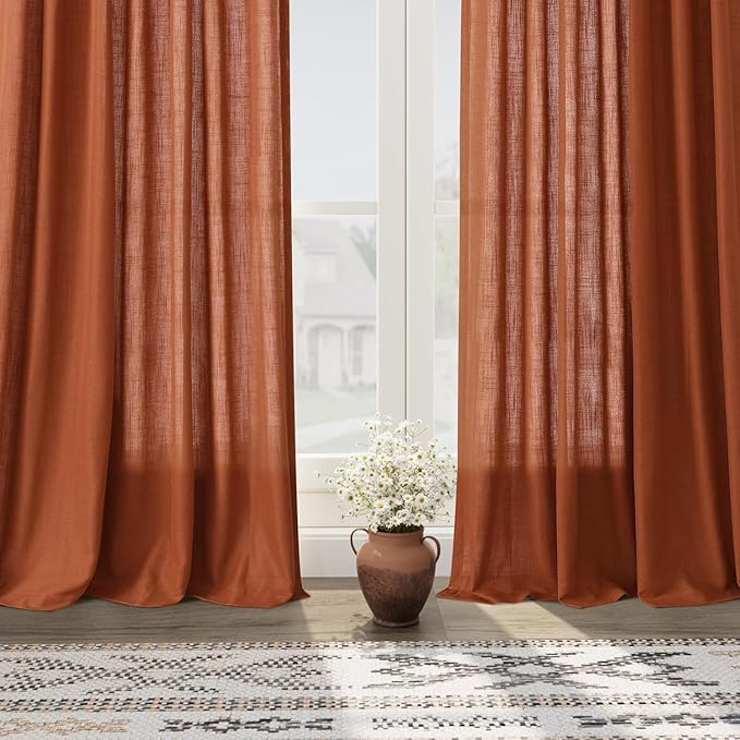 Nanspring Extra Wide Linen Curtains for Living Room 84 Inches Long Terracotta Light Filtering Semi Sheer Boho Farmhouse Curtain for Bedroom Office Luxury Back Tab and Rod Pocket 100x84, 2 Panels