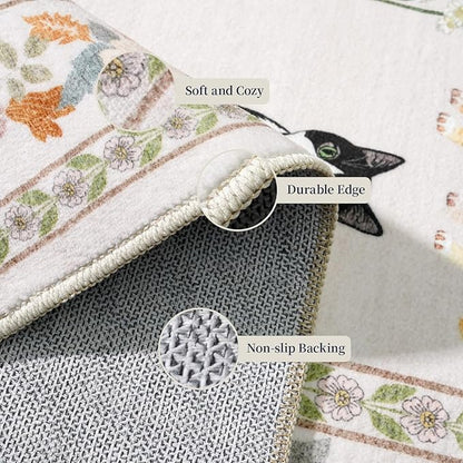 2x12 Washable Hallway Runner Rug - Soft Low Pile Floral Animal Cat Print Rugs with Non-Slip Backing Waterproof Stain-Resistant Indoor Carpet for Kitchen Entryway Bathroom Bedroom (Light Beige)