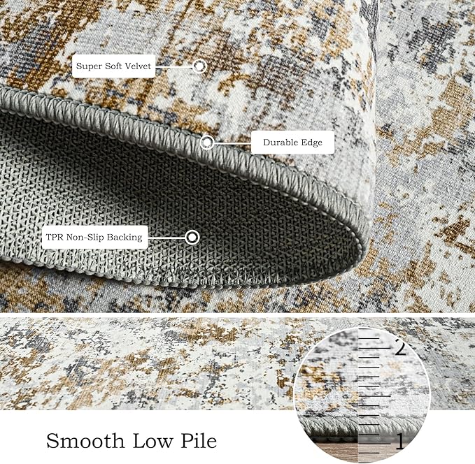 Toneed Abstract Area Rug Modern Washable Rug Soft Non Slip Rug Low Pile for Bedroom Living Room Dining Room Brown/Grey 4x6 Feet