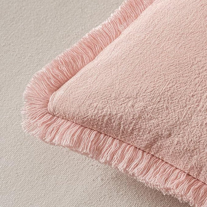 MIULEE Valentines Decorative Throw Pillow Covers Neutral Linen Fringe Throw Pillows Set of 2 Pink Boho Farmhouse Cushion Covers with Tassels for Couch Sofa Bed Living Room Spring Decor 18x18 Inch