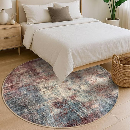IOHOUZE Abstract Round Area Rug 6 Ft Washable Circle Rugs Large Round Rug Non Slip Thin Soft Circle Rugs, Printed Faux Wool Floor Carpet for Bedroom Living Room Dining Room Nursery, Red/Multi