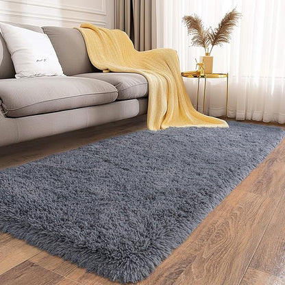 Ultra Soft Runner Rugs for Bedroom Hallways with Upgraded Non-Slip Rubber Backing & Thick Memory Sponge, 2x8 Feet Fluffy Shag Throw Area Rug for Bedside Dorm Dark Grey