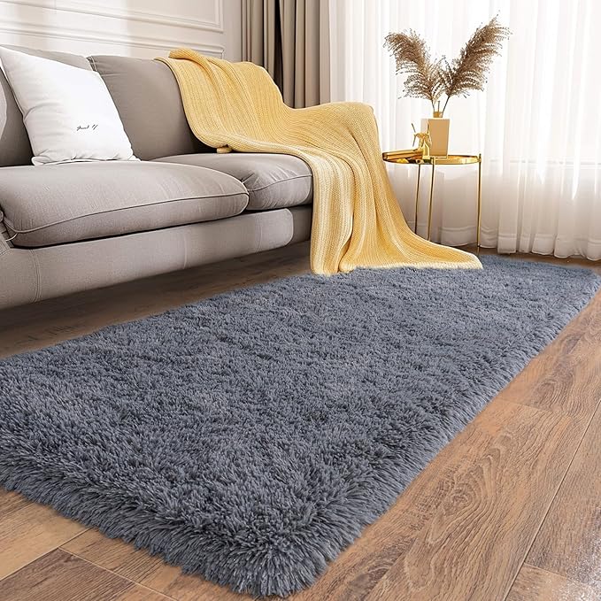 Ultra Soft Runner Rugs for Bedroom Hallways with Upgraded Non-Slip Rubber Backing & Thick Memory Sponge, 2x6 Feet Fluffy Shag Throw Area Rug for Bedside Dorm Dark Grey