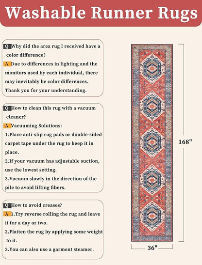 SERISSA Runner Rug for Hallways, 3x14 Washable Non Slip Kitchen Runner Rug, Extra Long Boho Rug Ultra Soft Vintage Rust Print Floor Carpet for Bedroom Hallway Entryway Bathroom Laundry Room