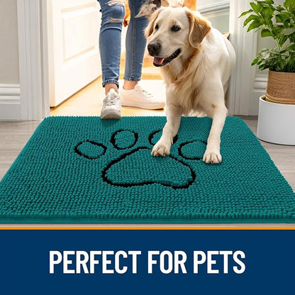 OLANLY Dog Door Mat for Muddy Paws 30x20, Paw Print Design, Absorbs Moisture and Dirt, Absorbent Non-Slip Washable Doormat, Quick Dry Chenille Mud Mat for Dogs, Entry Indoor Entryway Carpet, Lake Blue