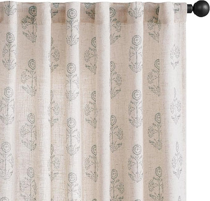 jinchan Linen Floral Curtains for Living Room 63 Inch Length Gray Flower Cottage Core Farmhouse Curtains Rod Pocket Back Tab Boho Semi Sheer Window Drapes Bedroom Set 2 Panels Grey on Beige