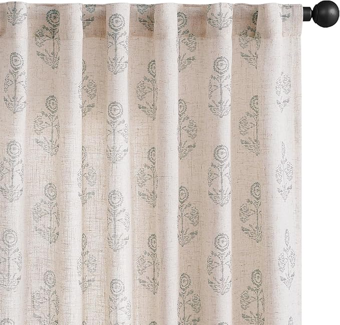 jinchan Linen Floral Curtains for Living Room 96 Inch Length Gray Flower Cottage Core Farmhouse Curtains Rod Pocket Back Tab Boho Semi Sheer Window Drapes Bedroom Set 2 Panels Grey on Beige