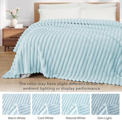 Exclusivo Mezcla King Size Flannel Fleece Blanket, Super Soft Striped Jacquard Bed Blanket, Lightweight Fuzzy Cozy for All Seasons, 90x104 Inches, Light Blue
