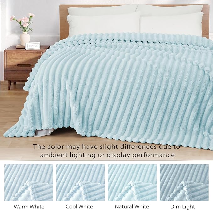 Exclusivo Mezcla Fleece Throw Blanket for Couch, Super Soft Striped Jacquard Bed Blanket, Lightweight Fuzzy Cozy for All Seasons, 50x60 Inches, Light Blue