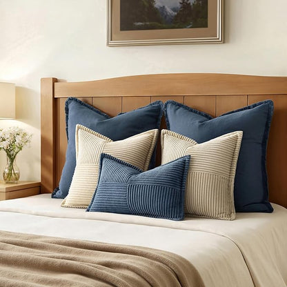 MIULEE Decorative Lumbar Throw Pillow Covers for Couch Bed Livingroom 14x24 Inch Set of 2 Blue Boho Accent Throw Pllows Broadside Striped Patchwork Soft Corduroy Summer Coastal Pillowcases