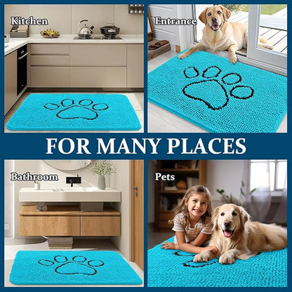 OLANLY Dog Door Mat for Muddy Paws 30x20, Paw Print Design, Absorbs Moisture and Dirt, Absorbent Non-Slip Washable Doormat, Quick Dry Chenille Mud Mat for Dogs, Entry Indoor Entryway Carpet, Aqua Blue
