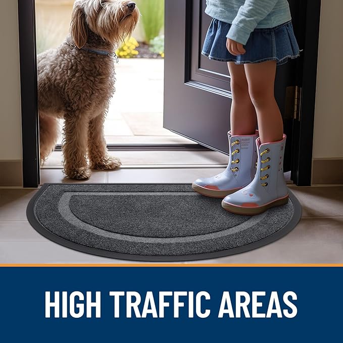 OLANLY Half Circle Door Mat Indoor Outdoor Entrance Welcome, Waterproof All-Season, All-Weather Doormat, Sturdy Natural Rubber, Low Profile, Easy Clean Patio Porch Entryway Mat, 29.5x17, Grey