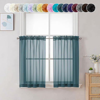 Chyhomenyc Sheer Stone Blue Tier Curtains 24 Inch Length, Small Window Curtains Treatment for Bathroom Living Room Basement, Short Rod Pocket Cafe Curtain, 42W x 24L Inches, 2 Panels