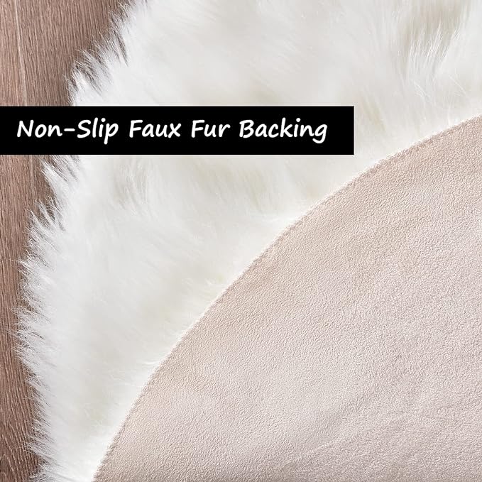 Goolela White Round Rug 3ft Fluffy Faux Sheepskin Fur Rug Small Circle Fuzzy Furry Rug for Bedroom Dorm Bedside Plush Washable Carpet