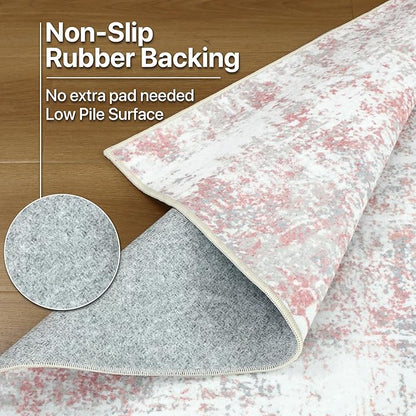 Area Rugs 9x12 for Living Room Bedroom, Modern Abstract Machine Washable Rug, Large Soft Low Pile Floor Carpet with Non Slip Backing for Dining Room, Pink/Grey
