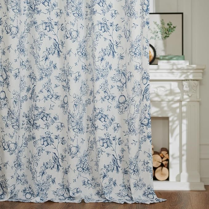 jinchan Linen Floral Curtains for Living Room 63 Inch Length Blue Printed Flower French Country Curtain Farmhouse Cottage Core Toile Curtains Back Tab Light Filtering Window Drapes Set 2 Panels