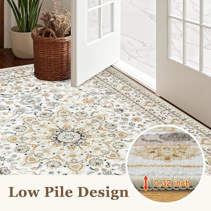 2x3 Area Rugs Living Room Rug: Washable Vintage Boho Rug No Slip Stain Resistant Soft Carpet Indoor Floor Floral Large Carpets for Bedroom Dining Room Farmhouse Nursery Hallway Home Office Beige