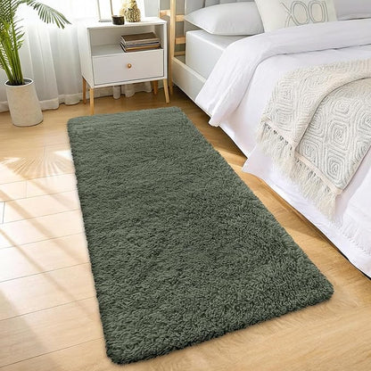 OLANLY 2x8 Machine Washable Runner Rugs for Hallway, Soft Fluffy Shaggy Bedside Rugs for Bedroom, Living Room, Indoor Floor Carpet for Kids Girls and Boys, Home Decor Aesthetic, Olive Green