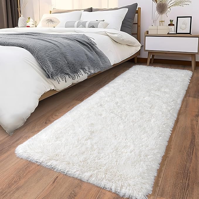 Ultra Soft Runner Rugs for Bedroom Hallways with Upgraded Non-Slip Rubber Backing & Thick Memory Sponge, 2x6 Feet Fluffy Shag Throw Area Rug for Bedside Dorm Cream