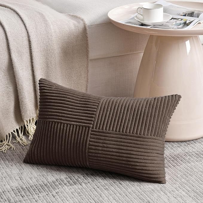 Fancy Homi 2 Packs Dark Brown Lumbar Decorative Throw Pillow Covers 16x28 Inch for Living Room Couch Bed, Rustic Farmhouse Boho Home Decor, Soft Striped Corduroy Rectangle Accent Cushion Case 40x70 cm