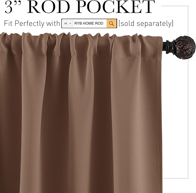 RYB HOME Blackout Curtains for Bedroom Living Room 72 inches Long, Thermal Insulated Privacy Rod Pocket Drapes for Nursery Office Home Theater, Width 42 by Length 72, Mocha, 2 Panels