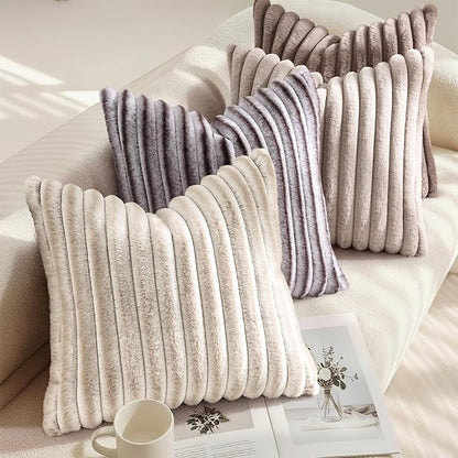 decorUhome Summer Cozy Faux Fur Throw Pillow Covers 18x18 Set of 2 Decorative Soft Plush Striped Modern Farmhouse Boho Couch Pillow Cases with Velvet Back for Sofa Bed Living Room, Beige White