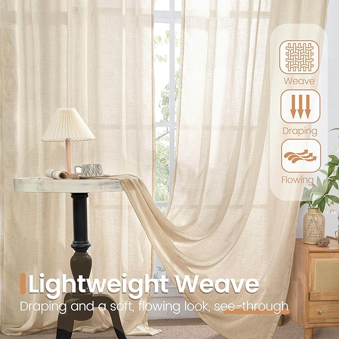 BGment Natural Linen Curtains 48 Inch Length for Windows, Short Semi Sheer Drapes Light Filtering for Cafe Bathroom Decor Rustic Lightweight Rod Pocket, 2 Panels Set, 42 Inch Wide Each Panel