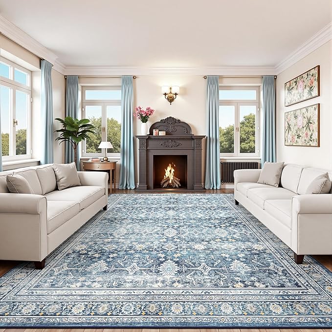 Lofus 10x14 Area Rug for Living Room,Blue Washable Area Rugs with Non-Slip Backing,Soft Boho Carpets for Bedroom Dining Room Home Office Indoor Nursery