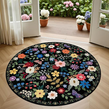 Round Area Rug for Living Room: 4 ft Floral Washable Circle Rug Soft Boho Non-Slip Carpet Indoor Stain Resistant Low Pile Small Circular Rug for Bedroom Entryway Kitchen Nursery Home Office Black