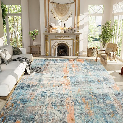 Ompaa Living Room Rug 8x10 Blue Area Rugs Machine Washable Abstract Boho Large Carpet Non-Slip Non-Shedding Faux Wool Indoor Vintage Rugs for Bedroom, Classroom, Dining Room, Kids Playroom