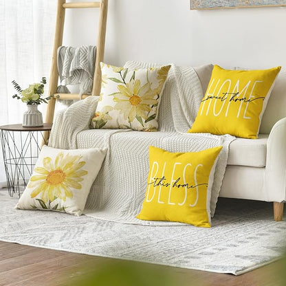 AVOIN colorlife Home Sweet Home Spring Summer Flowers Yellow Throw Pillow Covers, 16 x 16 Inch Cushion Case for Sofa Couch Set of 4