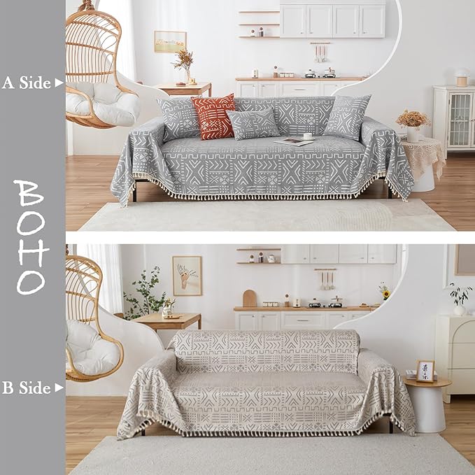 HANDONTIME Bohemian Grey and White Couch Cover for Dogs Aztec Tribal Sofa Covers 3 Cushion Aesthetic Tassel Slipcover Seat Universal Loverseat Futon Cover, 71/'' X118/'', Tassel 2:grey/White