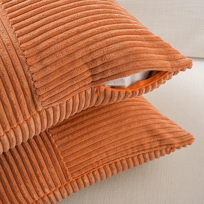 Fancy Homi 2 Packs Orange Fall Decorative Throw Pillow Covers 16x16 Inch for Living Room Couch Bed Sofa, Farmhouse Boho Home Decor, Soft Corss Patchwork Corduroy Textured Square Cushion Case 40x40 cm