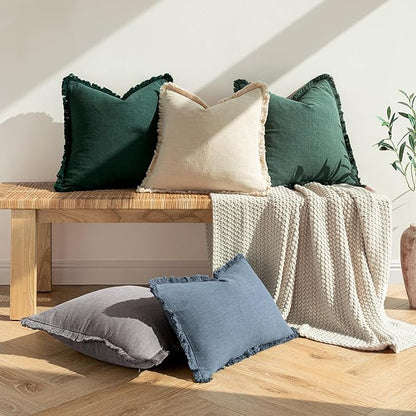 MIULEE Decorative Throw Pillow Covers Neutral Linen Fringe Throw Pillows Set of 2 Beige Boho Farmhouse Cushion Covers with Tassels for Couch Sofa Bed Living Room Spring Home Decor 16x16 Inch