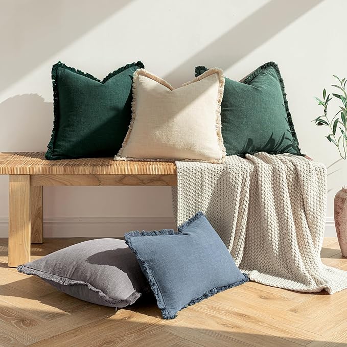 MIULEE Decorative Throw Pillow Covers Neutral Linen Fringe Throw Pillows Set of 2 Army Green Boho Farmhouse Cushion Covers with Tassels for Couch Sofa Bed Living Room Home Decor 18x18 Inch