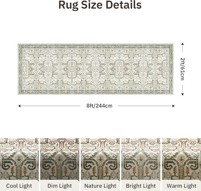 Washable 2x8 Runner Rug - Non Slip Vintage Kitchen Runner Rugs Low-Pile Distressed Long Rugs for Hallway Waterproof Indoor Carpet for Living Room Bedroom Entryway 2'x8' Green