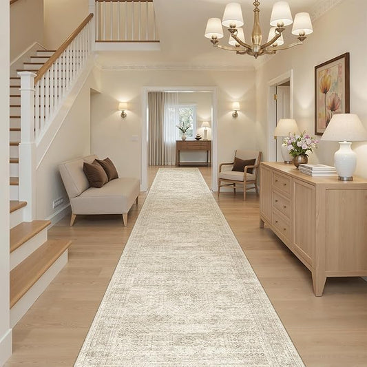 Runner Rug 2'6" x 16' Washable Non-Slip 2.5x16 ft Long Runner Rugs for Kitchen Bathroom Laundry Room Vintage Ultra Thin Runners for Hallway Entryway Beige