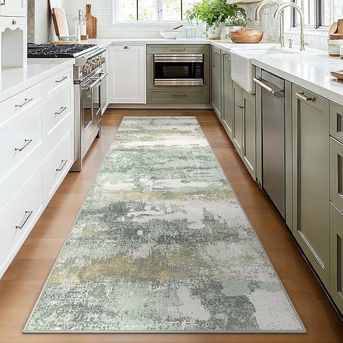 BEIMO Runner Rug for Hallway Kitchen, 2'6"x5' Machine Washable Runners Rug for Entryway, Soft Modern Abstract Throw Rugs, Low Pile Floor Cover with Non Slip Backing, Light Green