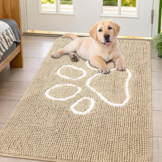 Smiry Dog Door Mat for Muddy Paws, Absorbent Dirt Trapper Non Slip Quick Dry Washable Chenille Mat for Mud Dogs, Entry Rug for Indoor and Outdoor (44x32 Inches, Beige and White)