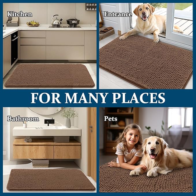 OLANLY Dog Door Mat for Muddy Paws 47x24, Absorbs Moisture and Dirt, Absorbent Non-Slip Washable Doormat, Quick Dry Chenille Mud Mat for Dogs, Entry Indoor Entryway Carpet for Inside Floor, Mocha