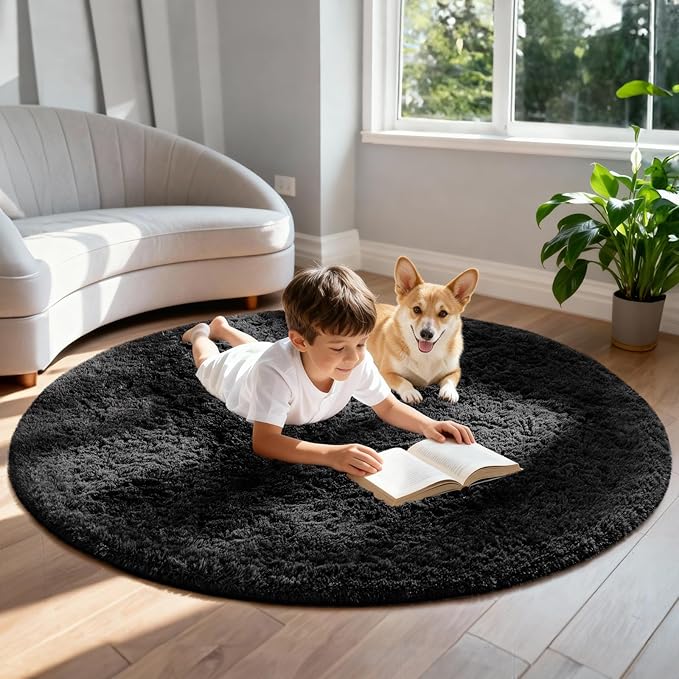 Ophanie Round Rug 6Ft Black Circle Area Rug, Room Decor for Men, Fluffy Fuzzy Bedroom Carpet, Plush Soft Shaggy Living Room Rugs for Kids Home Decor Aesthetic, Nursery