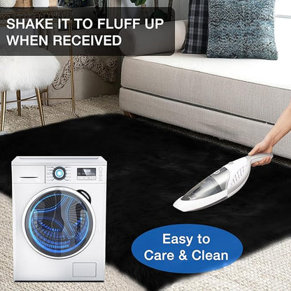 duduta Black Faux Sheepskin Fur Rug 3x5 ft, Fluffy Shag Bedroom Dorm Nursery Playroom Carpet Rug Non Slip Washable